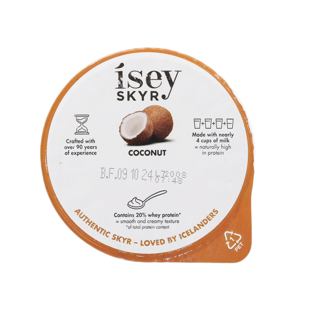 Skyr cup lid with coconut flavor label and nutrition icons