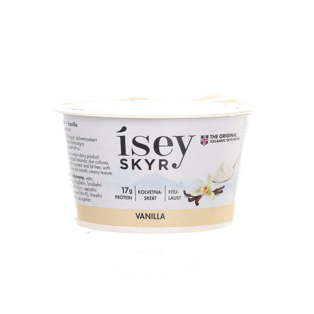 Vanilla skyr yogurt cup with brand text and vanilla flavor label