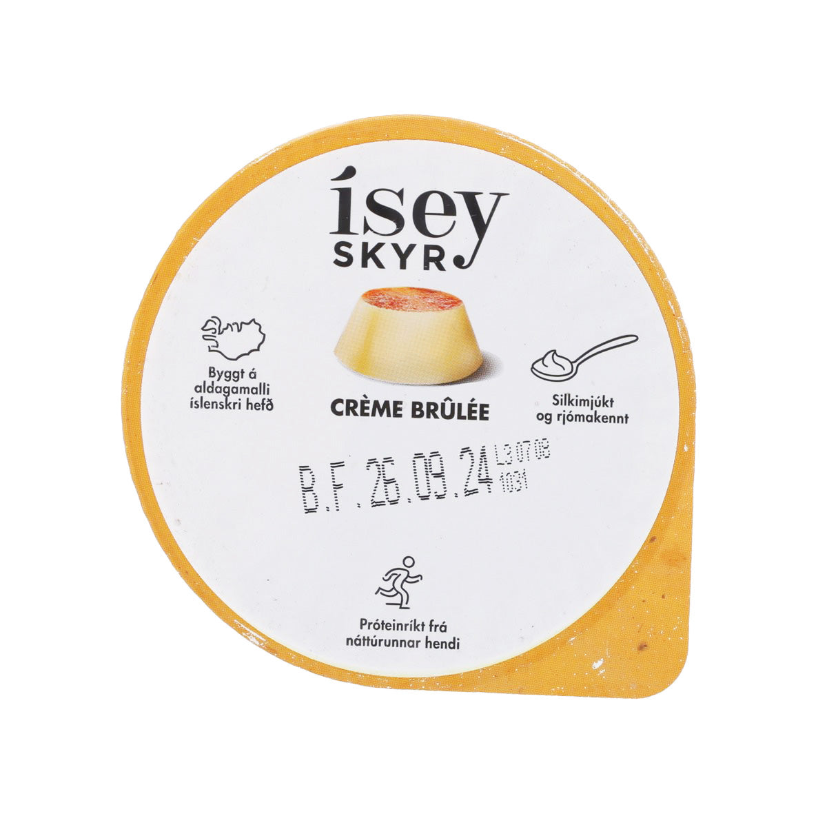 ISEY SKYR crème brûlée skyr cup lid with yellow rim and date code