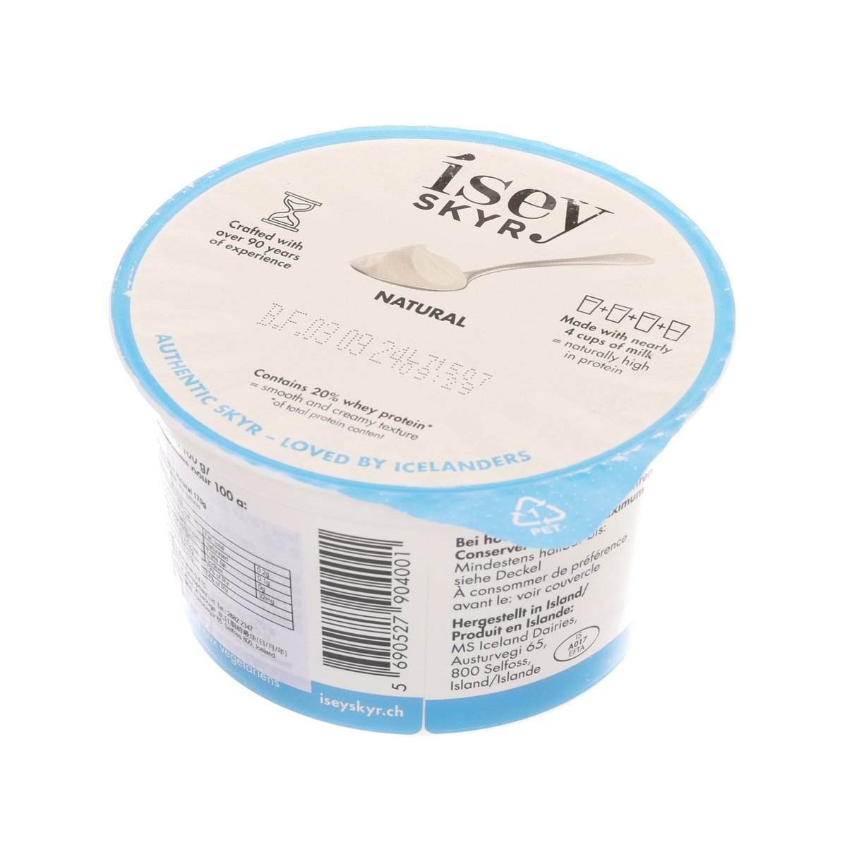 Isey Skyr Natural skyr yogurt cup, 170 g, blue-lidded container