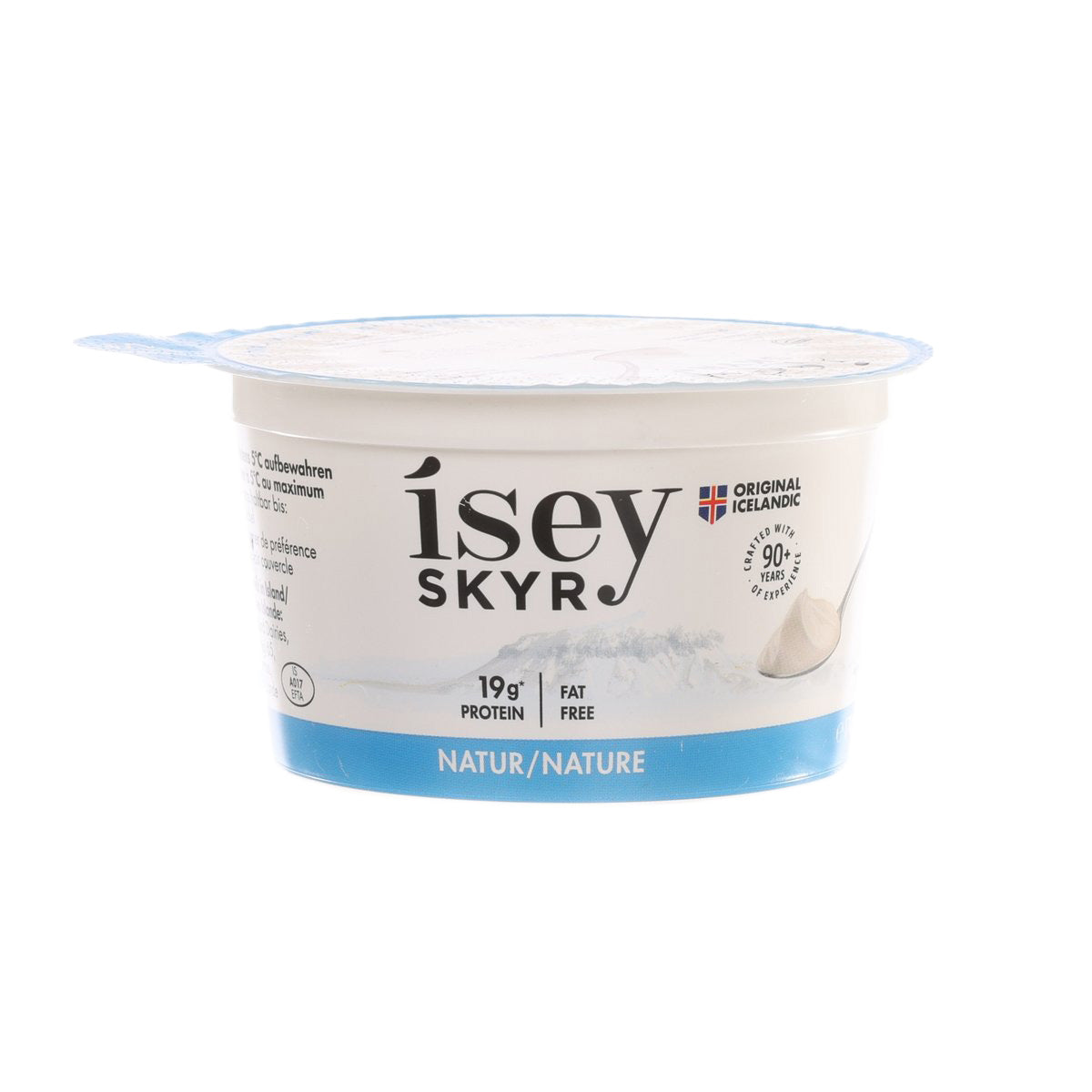 Isey Skyr Natural skyr yogurt cup with Natur/Nature label and 90% mark