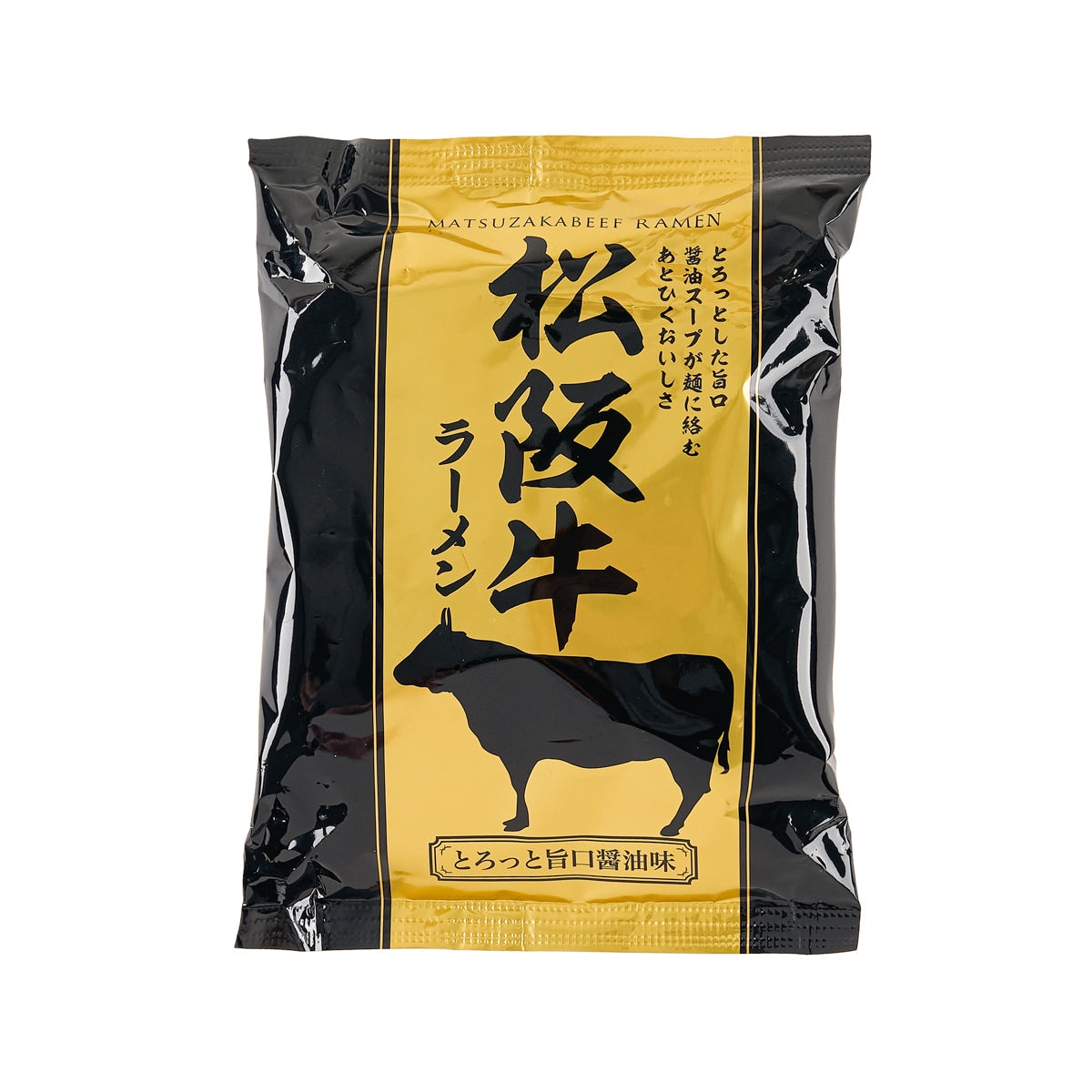 Instant soy sauce ramen soup packet with yellow front panel and black cow graphic