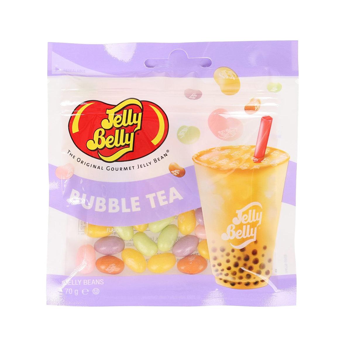 Bubble tea jelly bean bag with colorful candy pieces and drink illustration