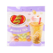 Bubble tea jelly bean bag with colorful candy pieces and drink illustration