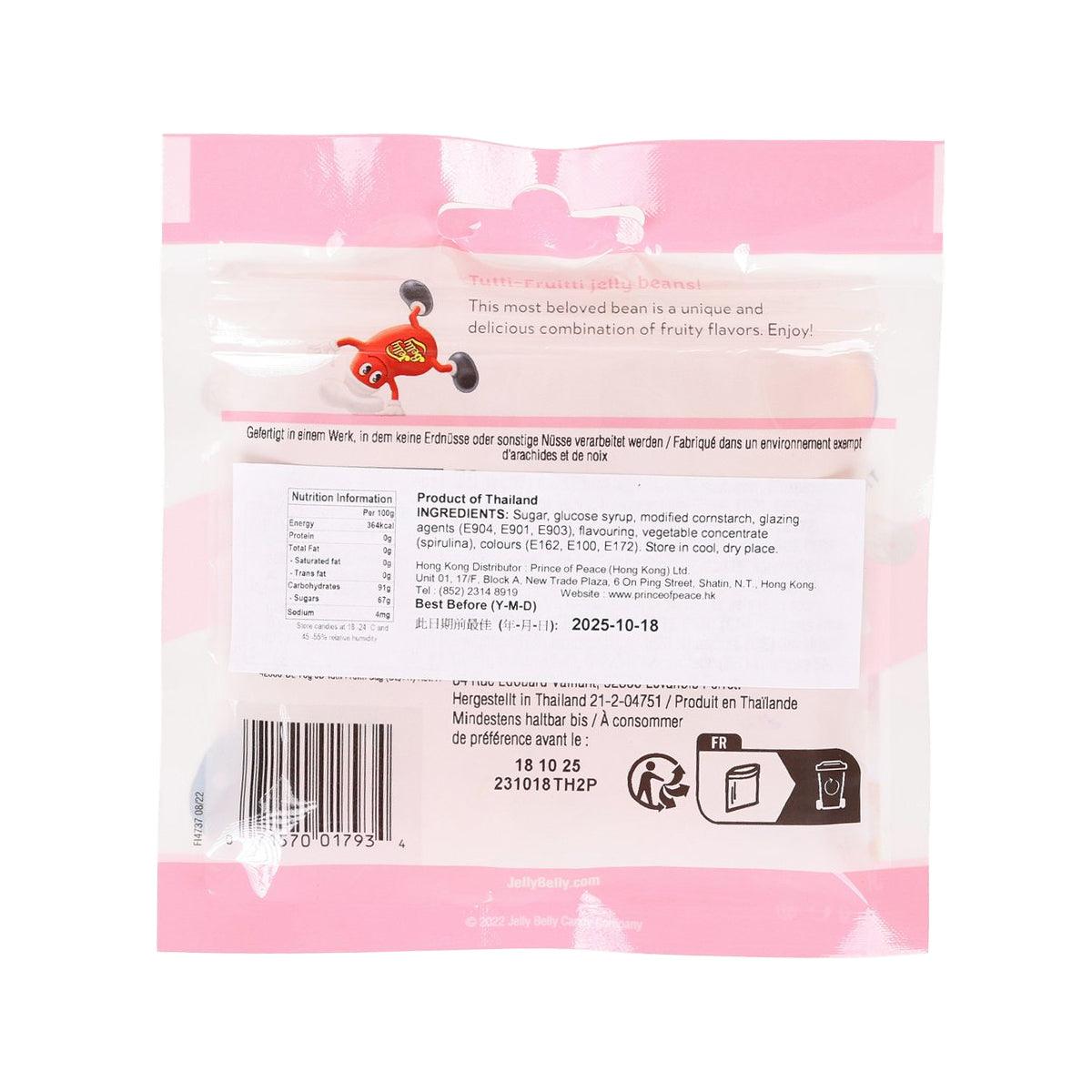 Back of Jelly Belly Tutti-Fruitti jelly beans pouch with barcode and nutrition facts