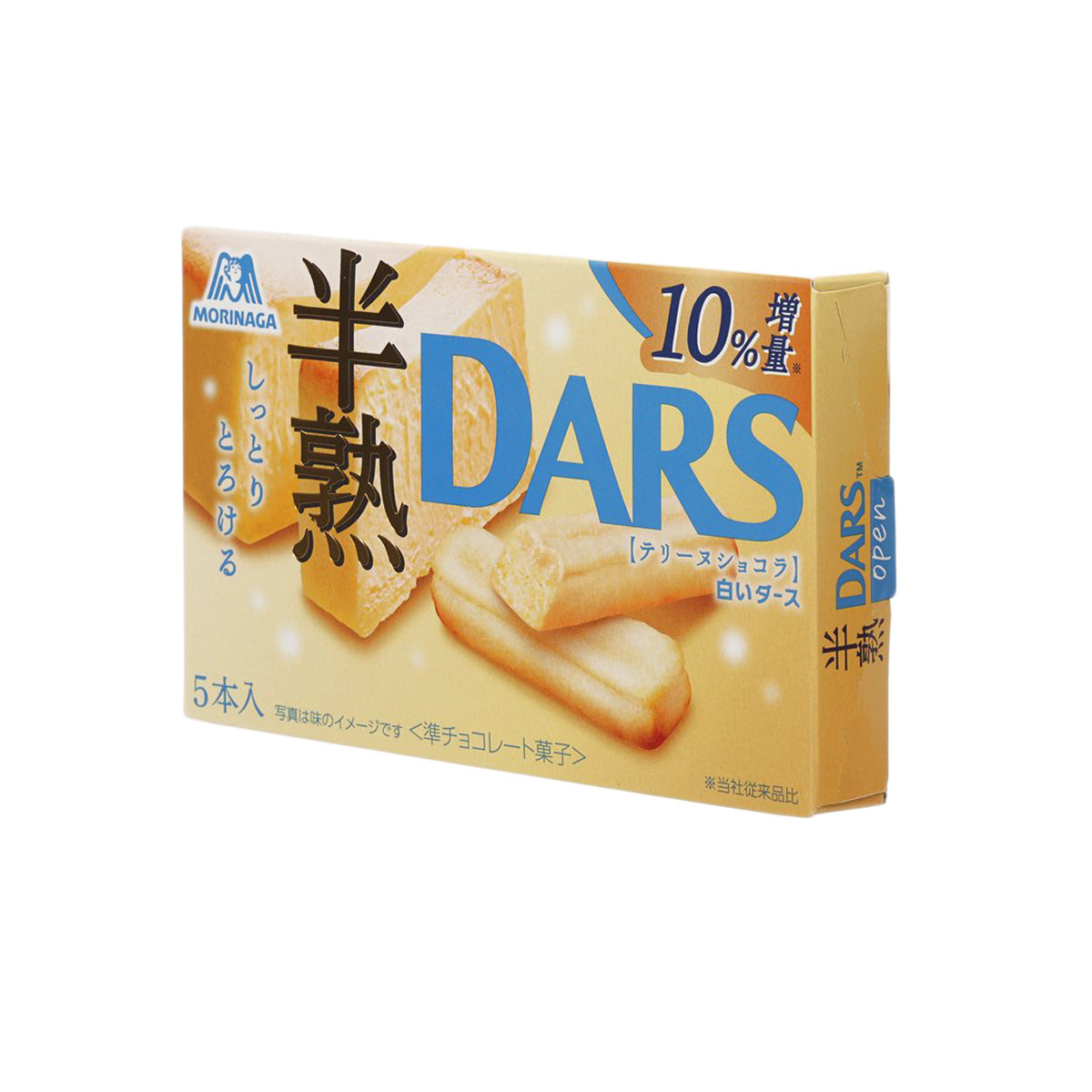 White chocolate cream flavor DARS snack box, front view with 10% added claim