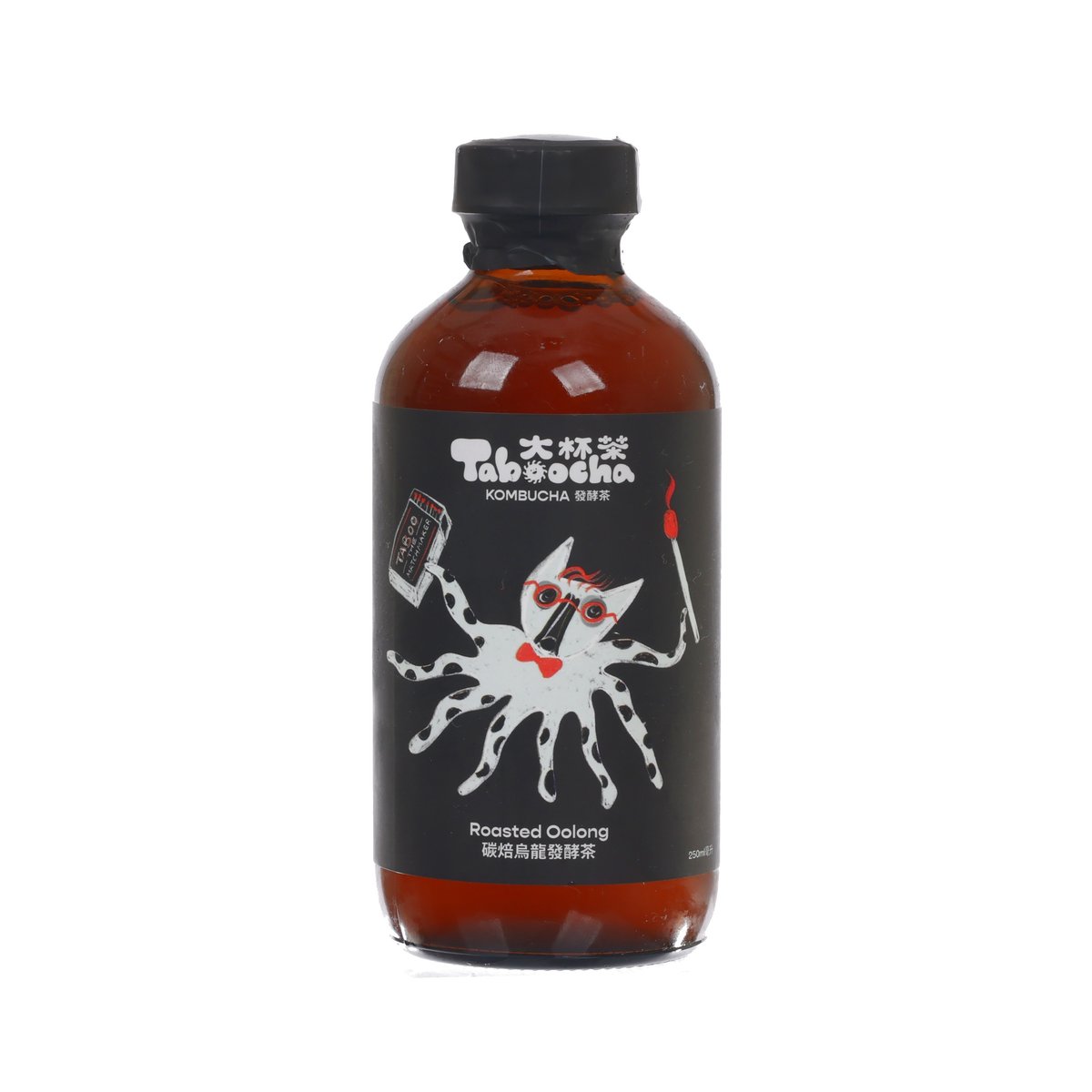 TABOOCHA roasted oolong kombucha bottle, amber glass with black cap