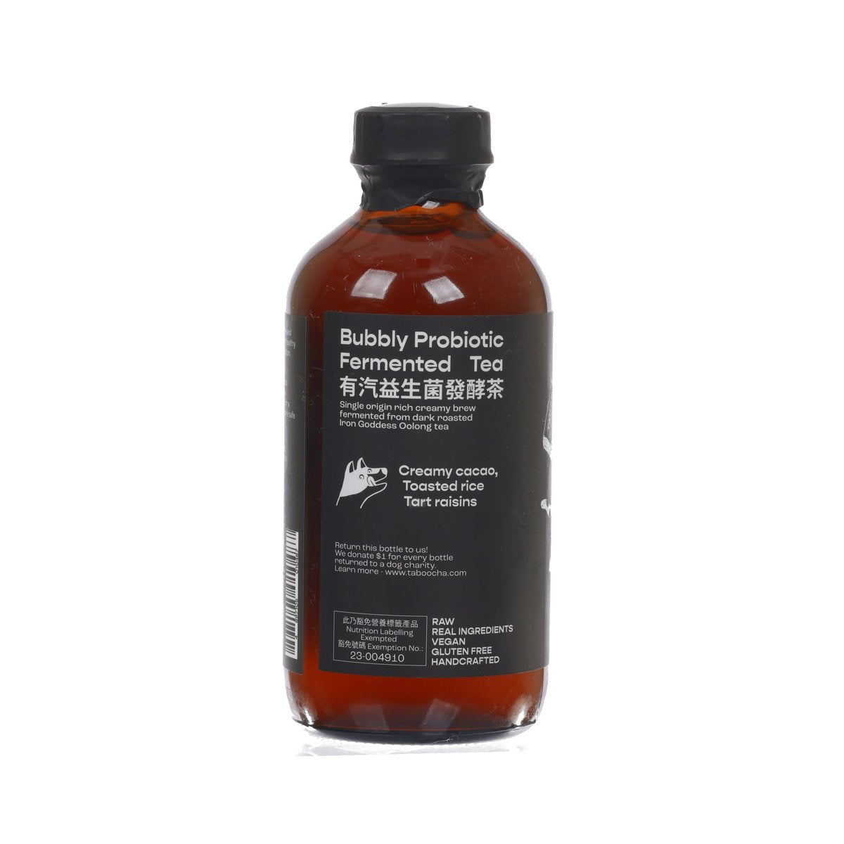 TABOOCHA roasted oolong kombucha bottle, back label with probiotic text
