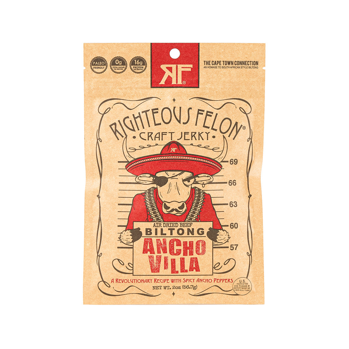 Ancho chile biltong jerky pouch with Righteous Felon branding and red hat graphic