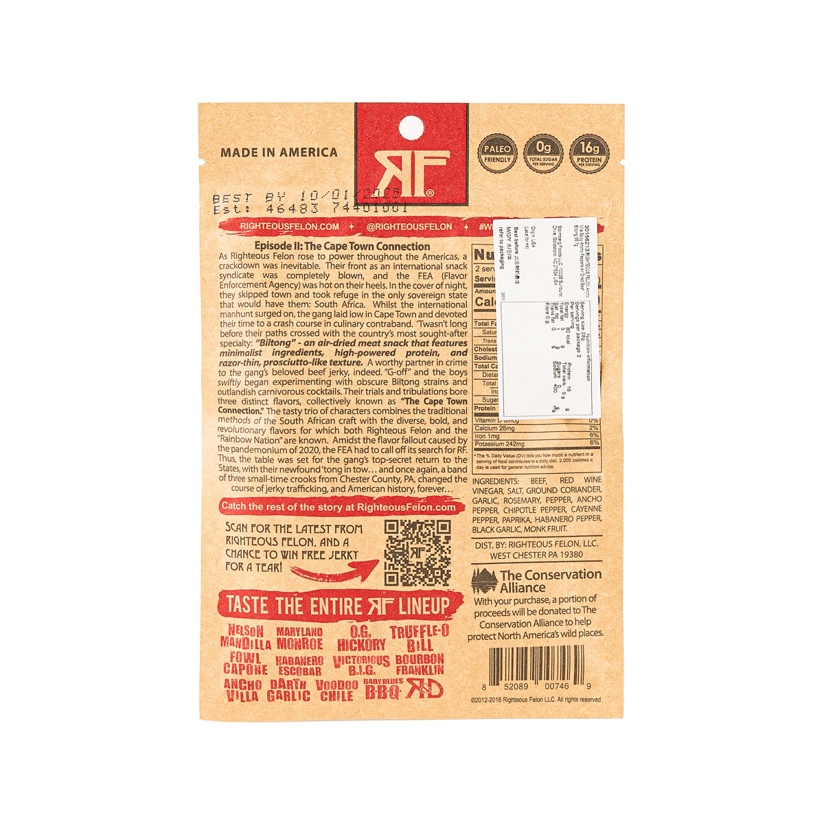 Back of Righteous Felon biltong jerky pouch with ingredient and conservation text blocks