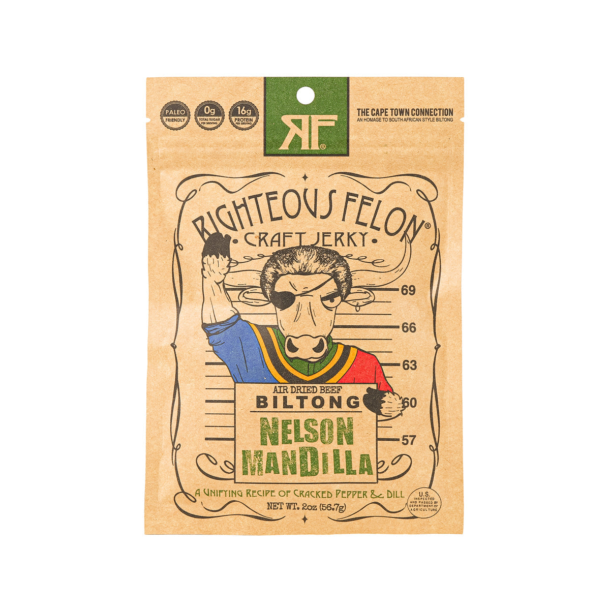Righteous Felon air-dried beef biltong pouch with cracked pepper and dill branding