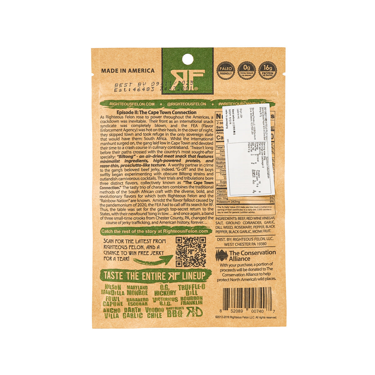 Righteous Felon biltong pouch back with ingredients, nutrition panel, and barcode
