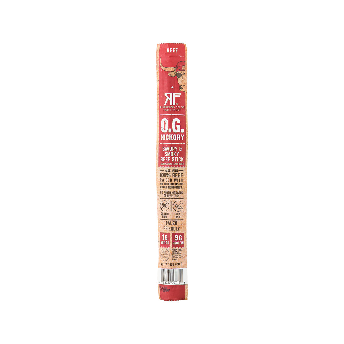 Hickory smoky beef stick in red-and-white O.G. package, 28g