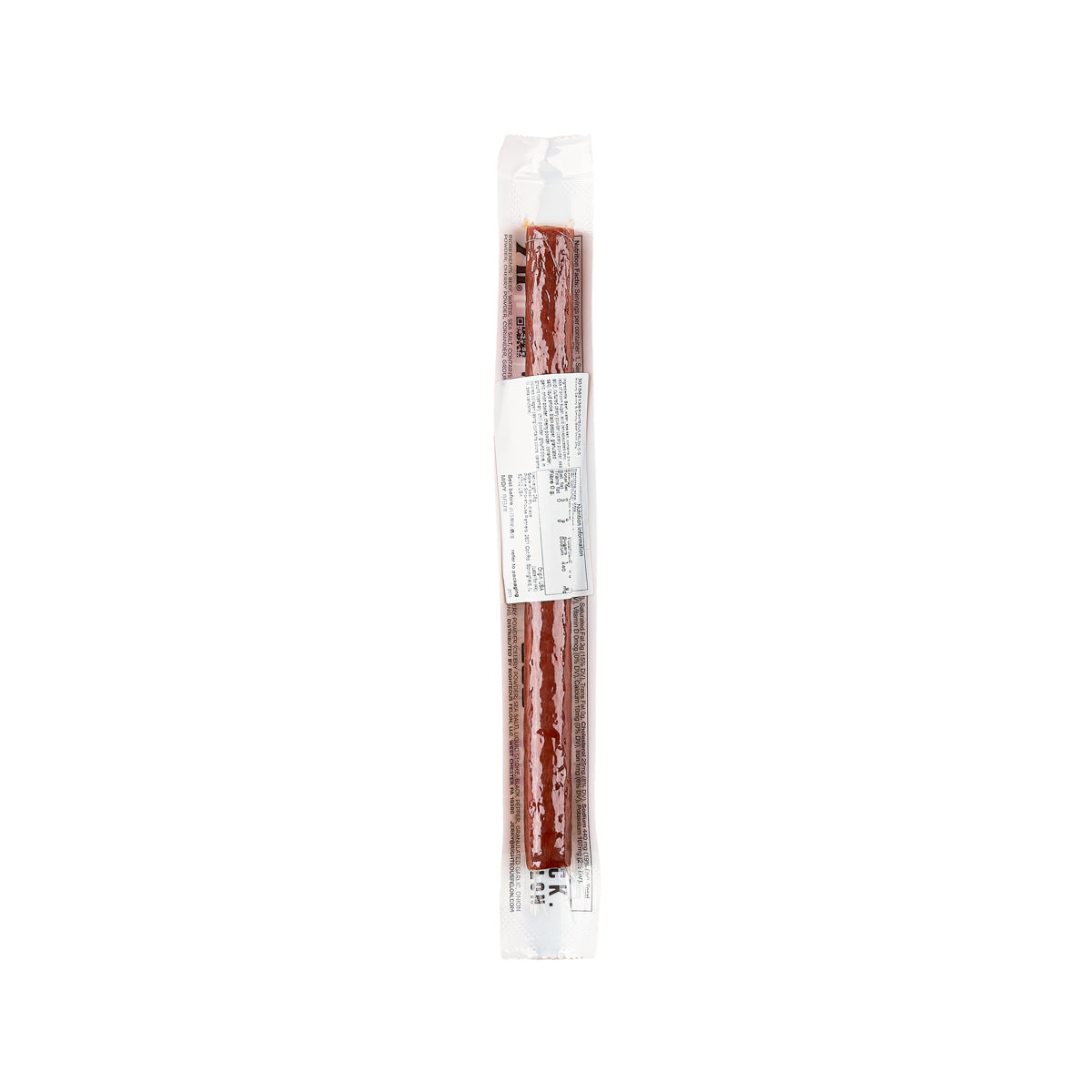 Smoked beef stick in clear bag with white label and brown seasoning