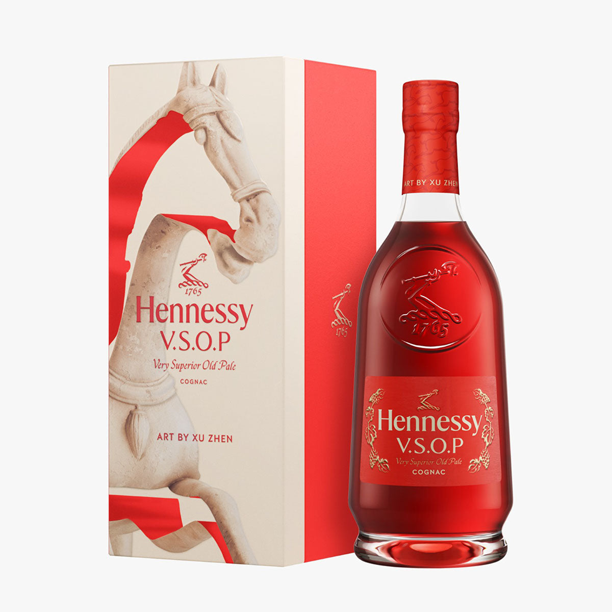 Cognac bottle in red with red cap and label, beside illustrated CNY gift box