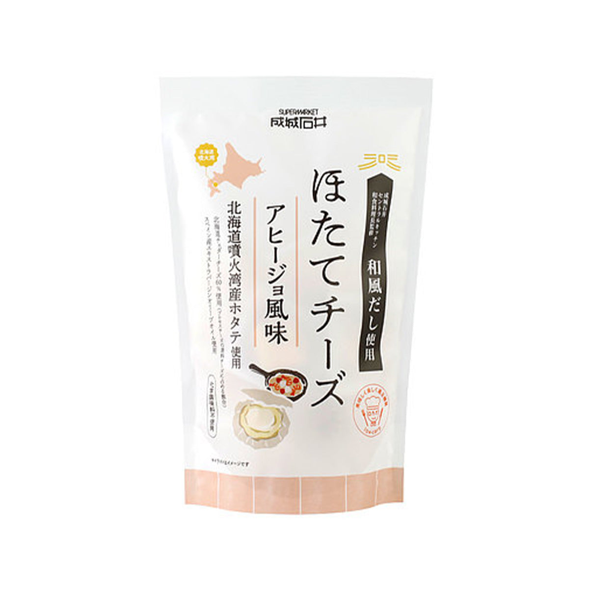 Scallop cheese snack bag, ajillo flavor, 105g; white pouch with cheese illustrations.