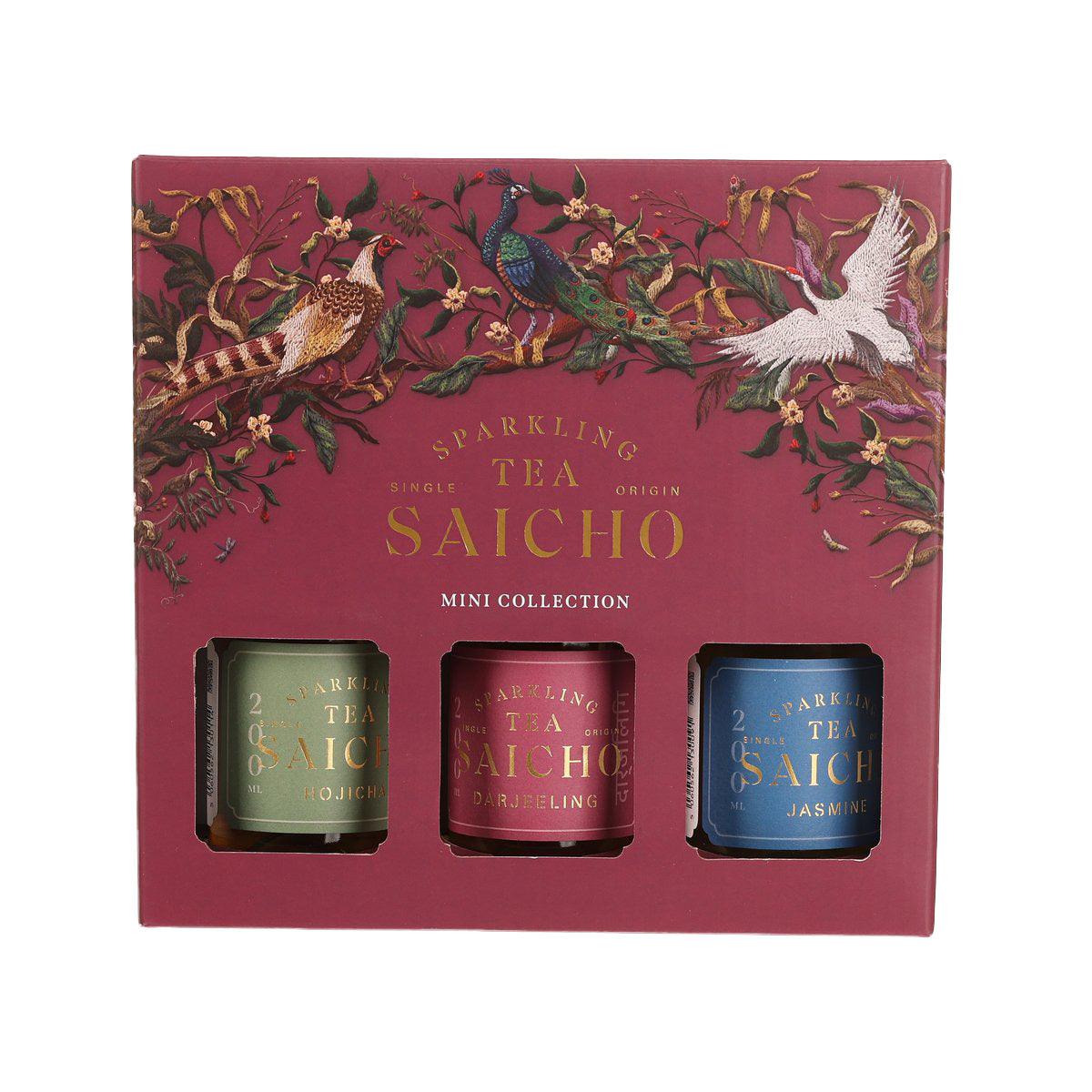 Sparkling tea mini collection gift box with three tins: hojicha, darjeeling, jasmine