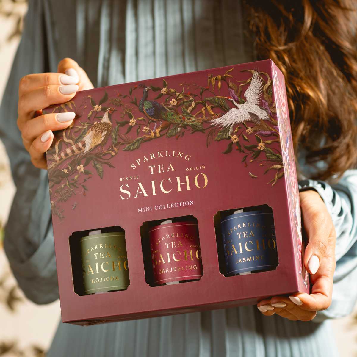 Sparkling tea mini collection box held in hands, featuring three labeled tea tins