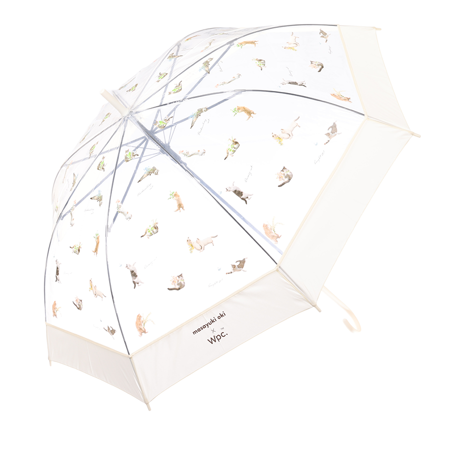 Off-white plastic umbrella with repeating cat pattern and W.P.C. logo