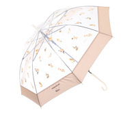 Beige cat-pattern plastic umbrella with clear canopy and curved handle