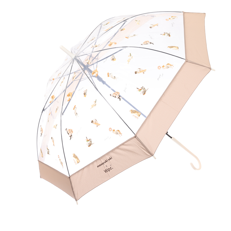 Beige cat-pattern plastic umbrella with clear canopy and curved handle