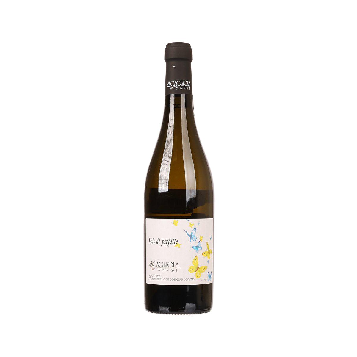 SCAGLIOLA Moscato d'Asti wine bottle with butterfly cream label