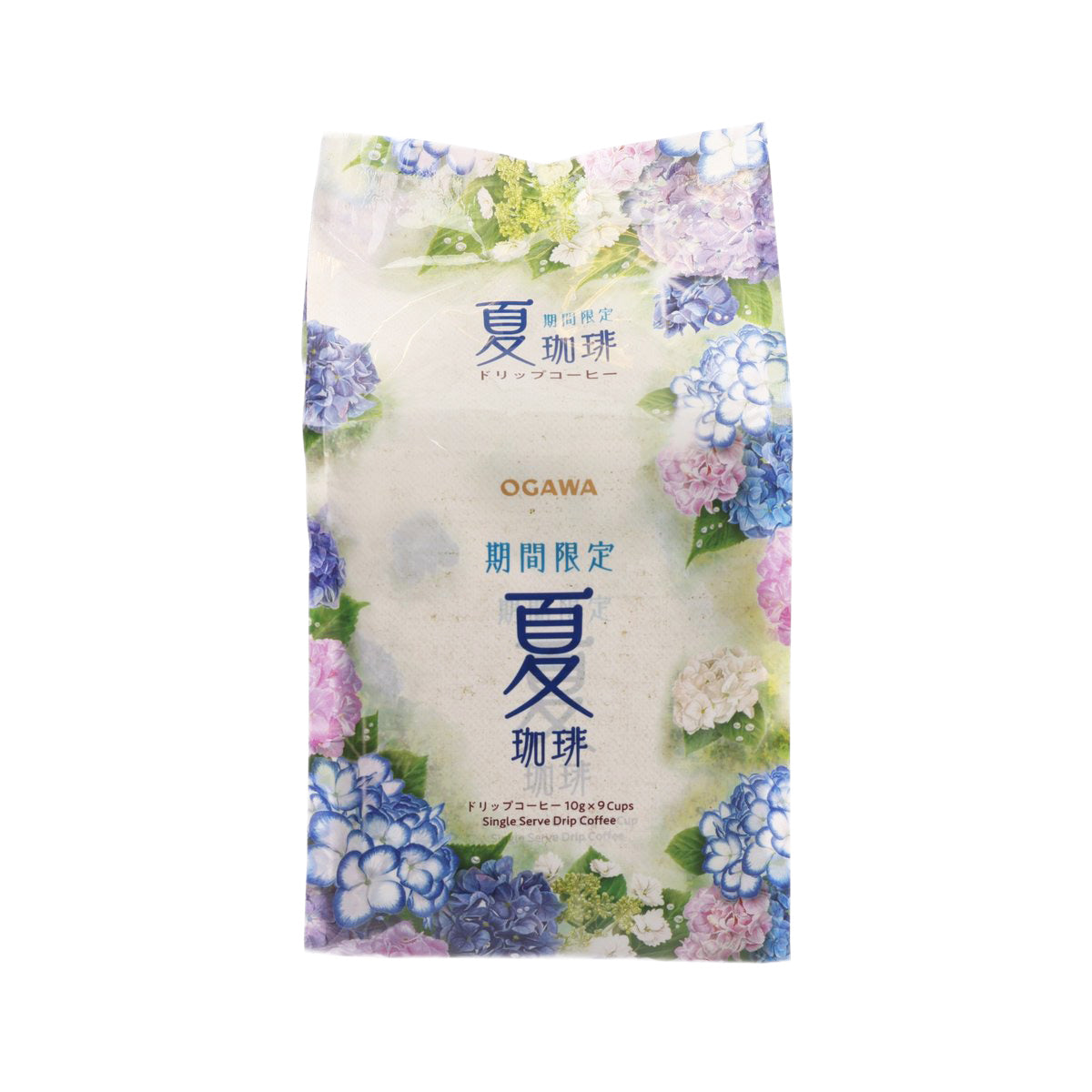 OGAWA drip coffee pouch, summer edition, floral purple and blue design on front