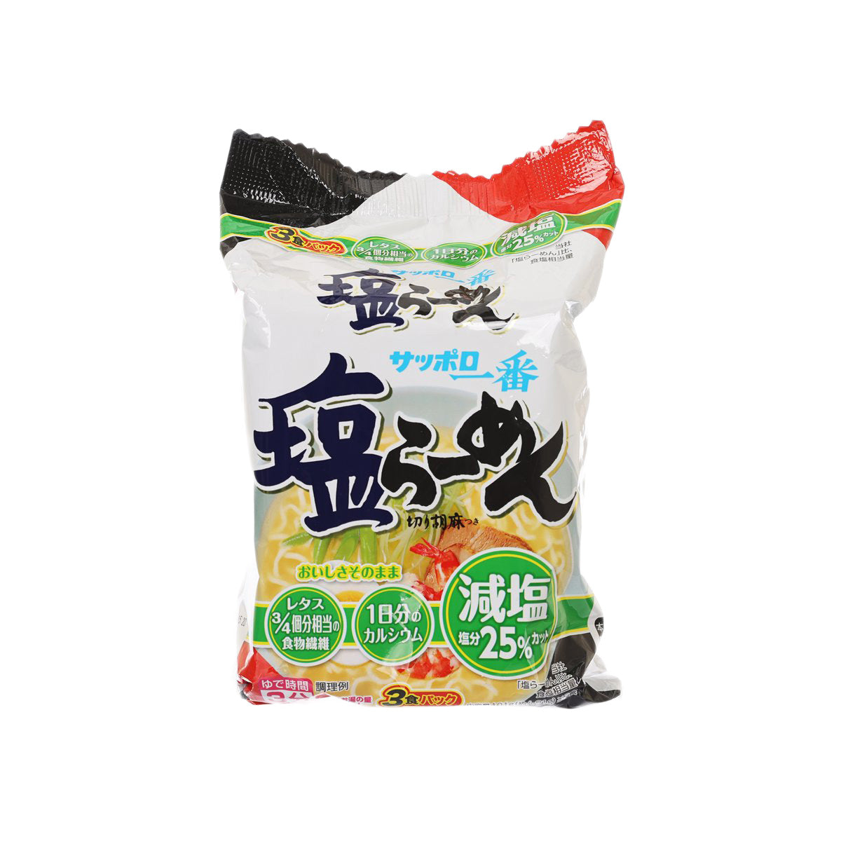 Less-salt salt instant ramen noodle pouch with front branding and red/green accents