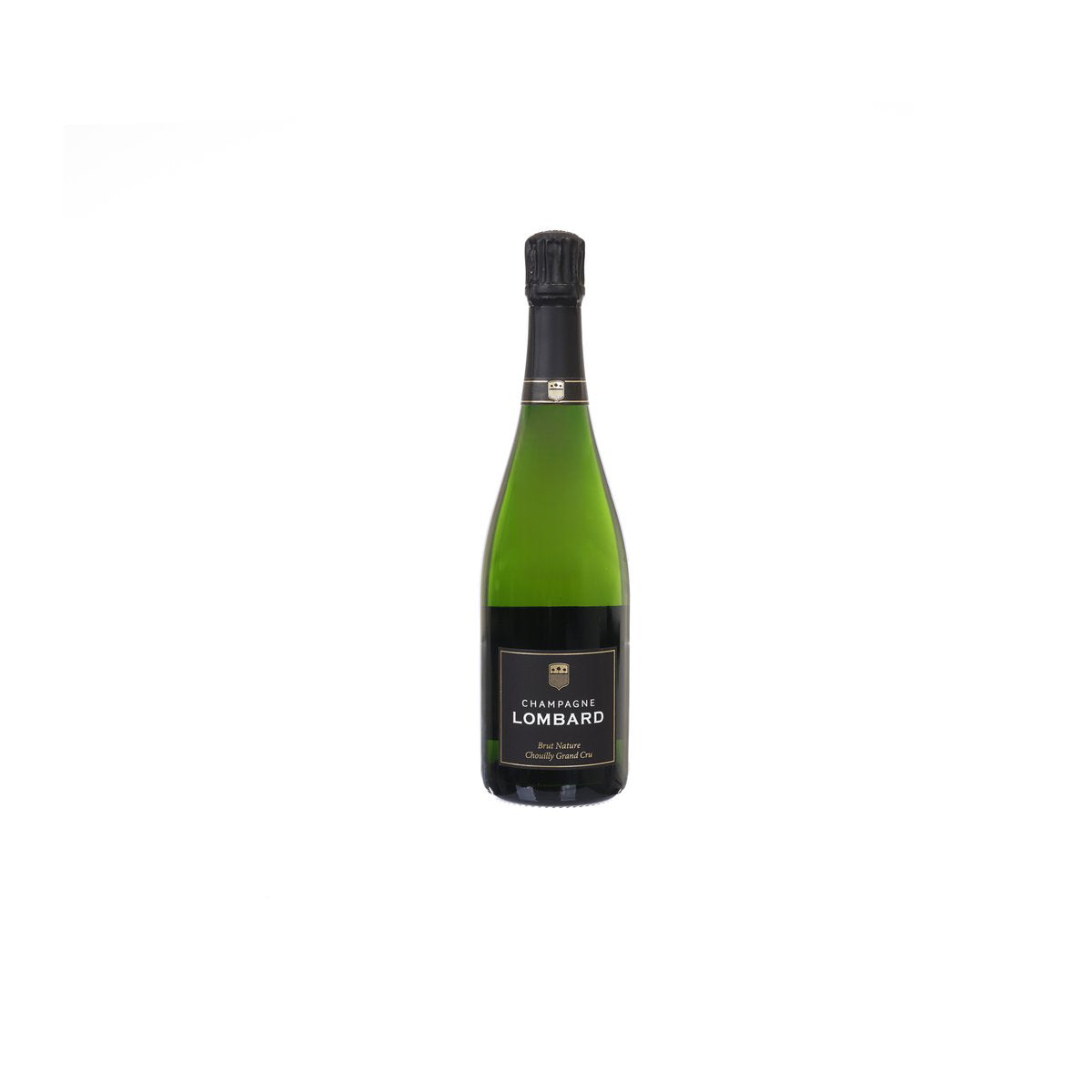 LOMBARD Champagne sparkling wine bottle, green glass with black label and foil cap