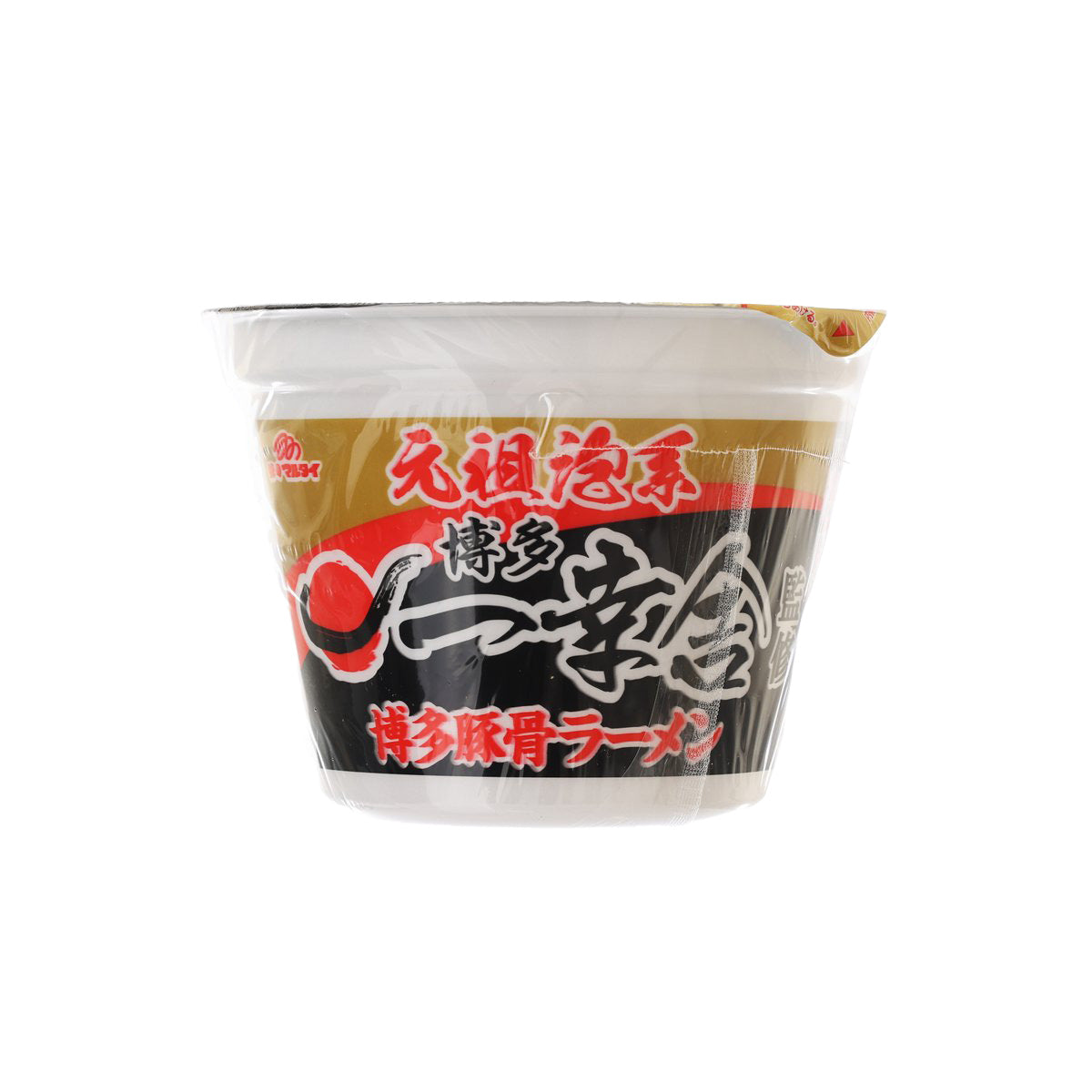 Instant ramen cup with clear rim and red-and-black front label