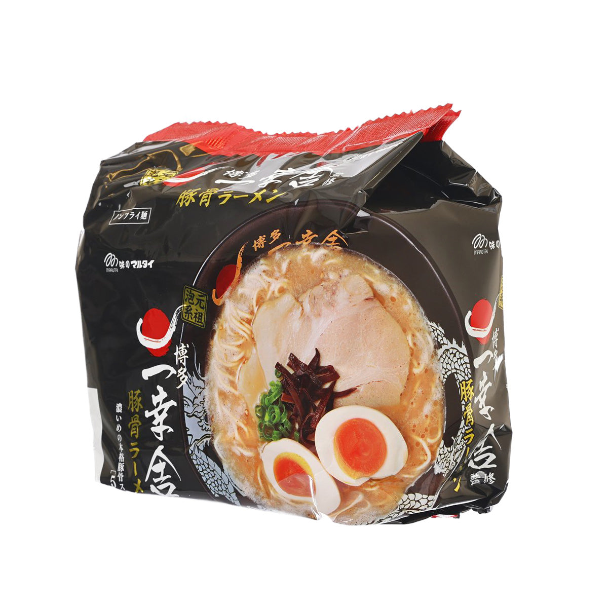 Hakata porkbone ramen soup sachet, black bag with red top and ramen bowl graphic