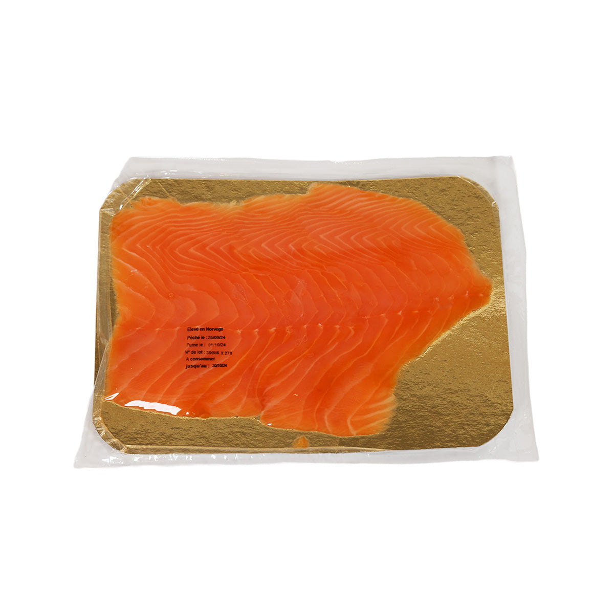 Vacuum-sealed smoked salmon fillet, orange slices under clear plastic pack