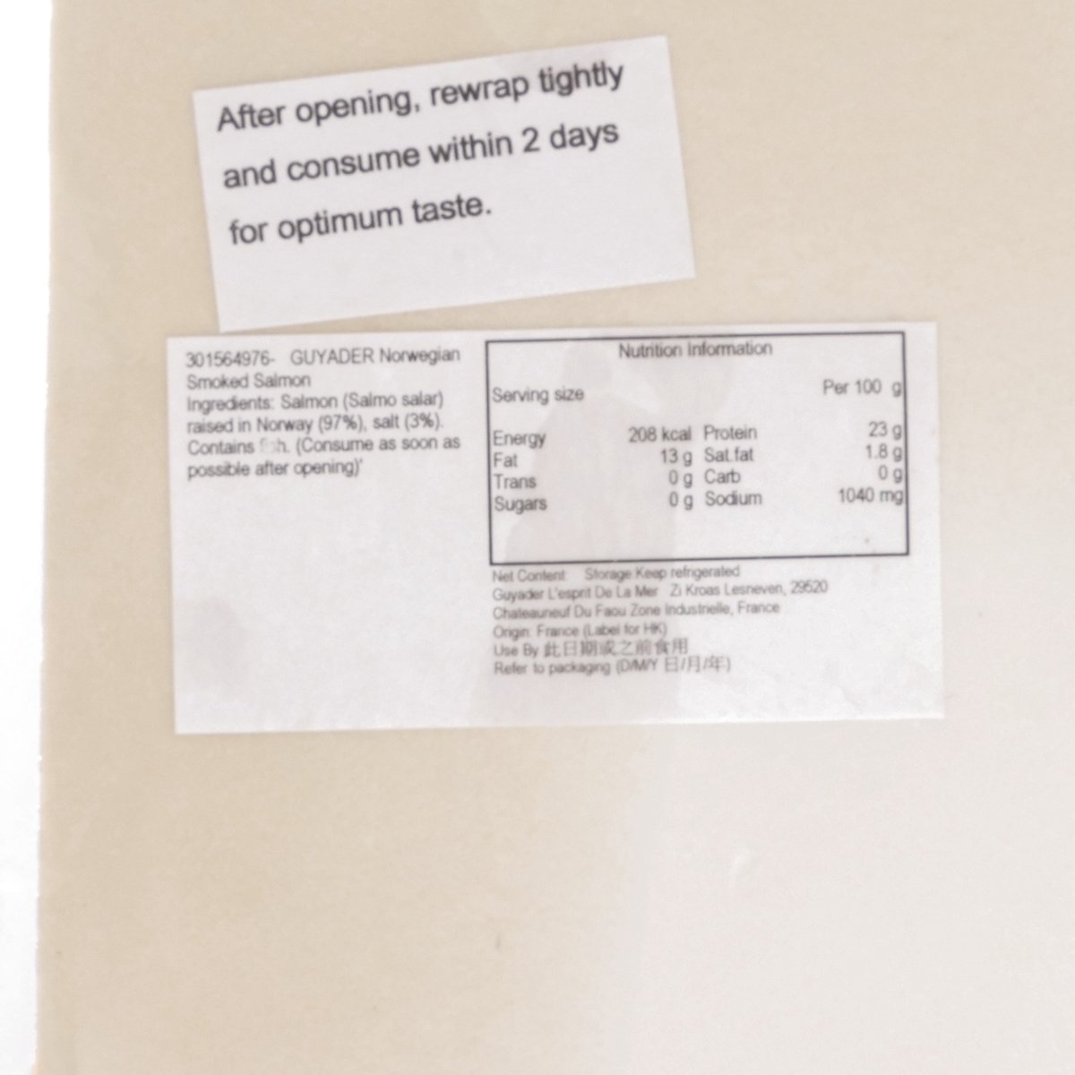 GUYADER smoked salmon package label with nutrition facts and storage note