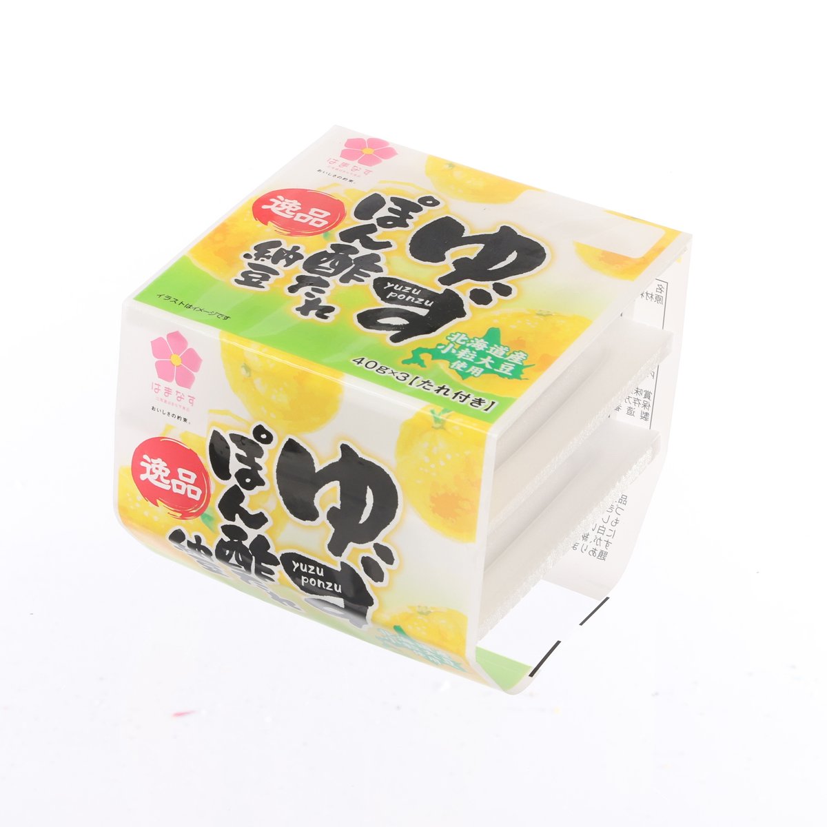 HAMANASU yuzupon natto sauce 3x45g pack, angled view with label and side panel