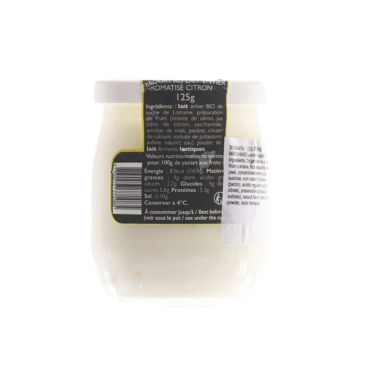 Lemon yogurt pot (125 g) showing ingredient and nutrition panel on back label