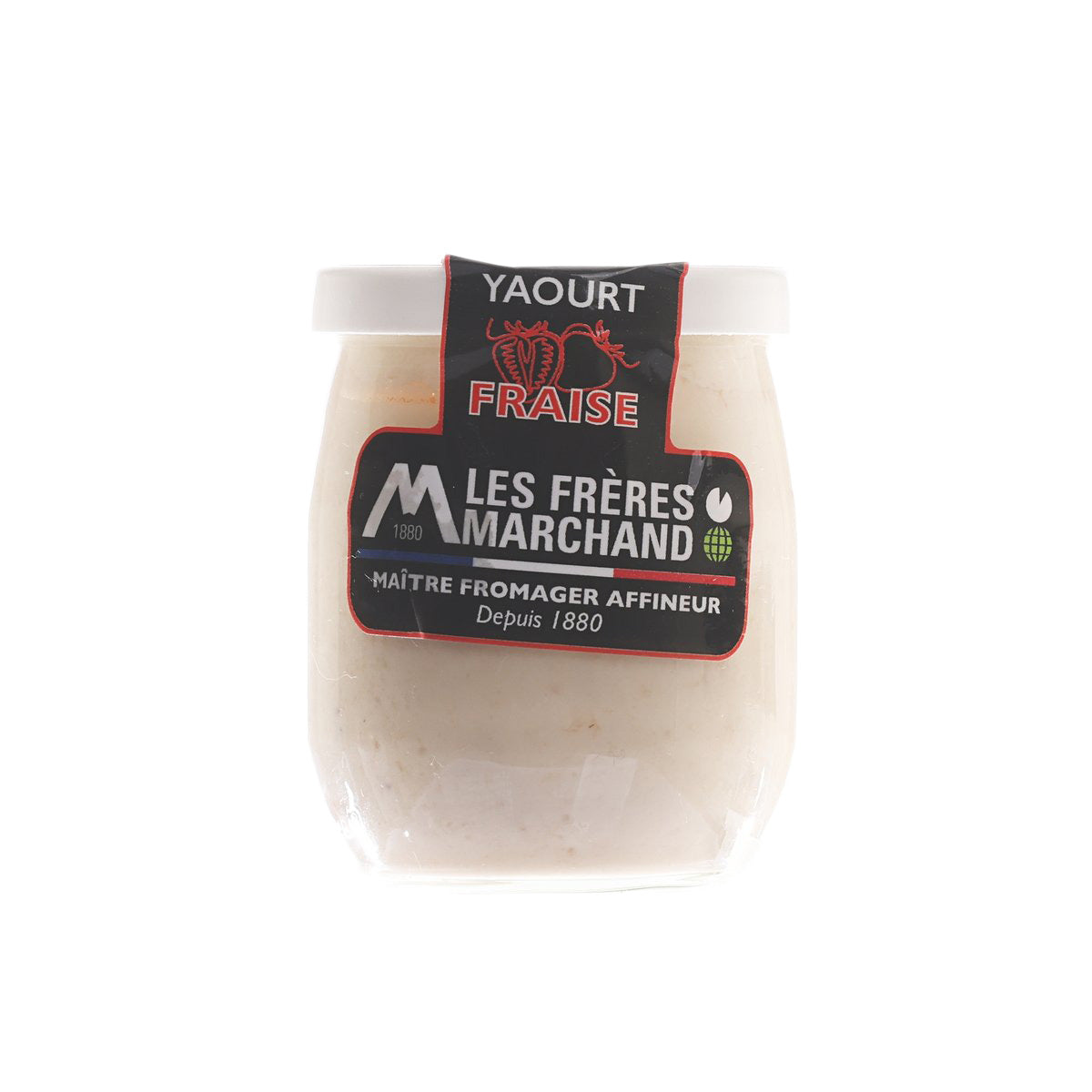 Strawberry yogurt cup 125g with Les Freres Marchand front label on white tub