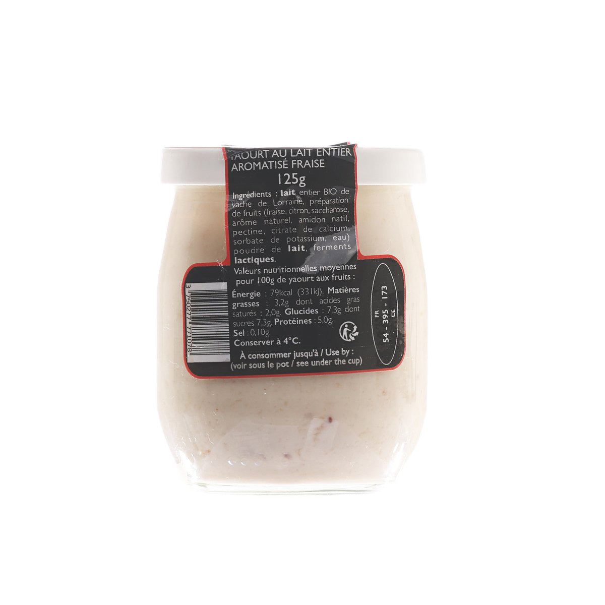 Strawberry yogurt cup 125g, back label with ingredients and nutrition text