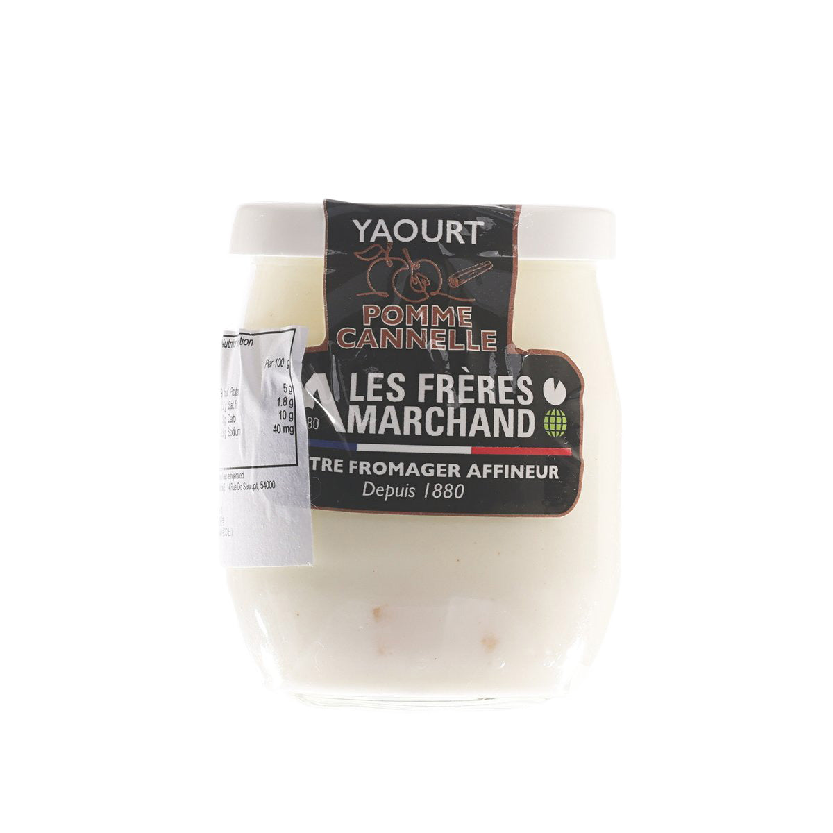 Cinnamon apple yogurt pot with dark label and fruit illustrations, 125 g