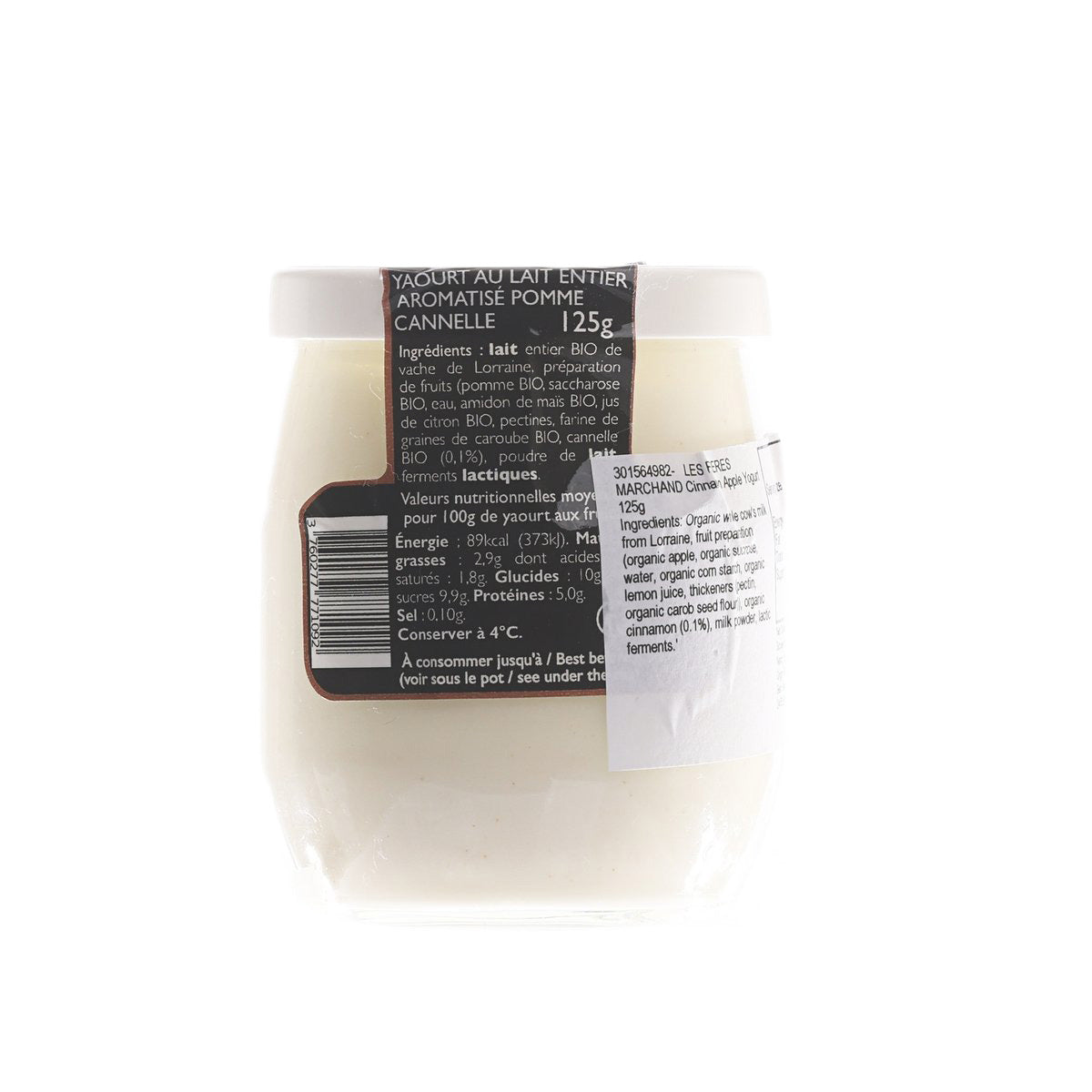 Cinnamon apple yogurt container with back label showing ingredients and nutrition panel
