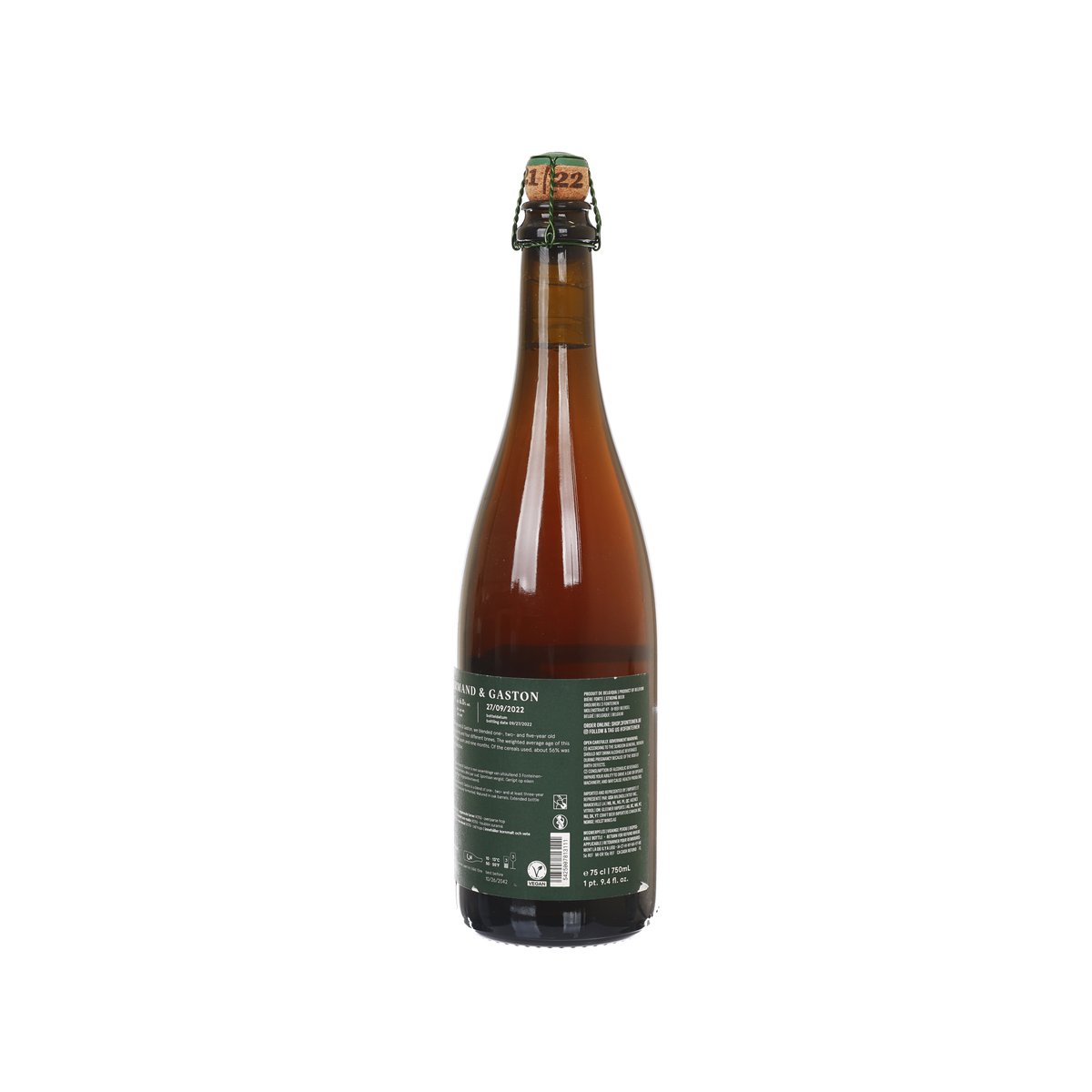 3 FONTEINEN Oude Geuze bottle, amber glass, reverse label with barcode.
