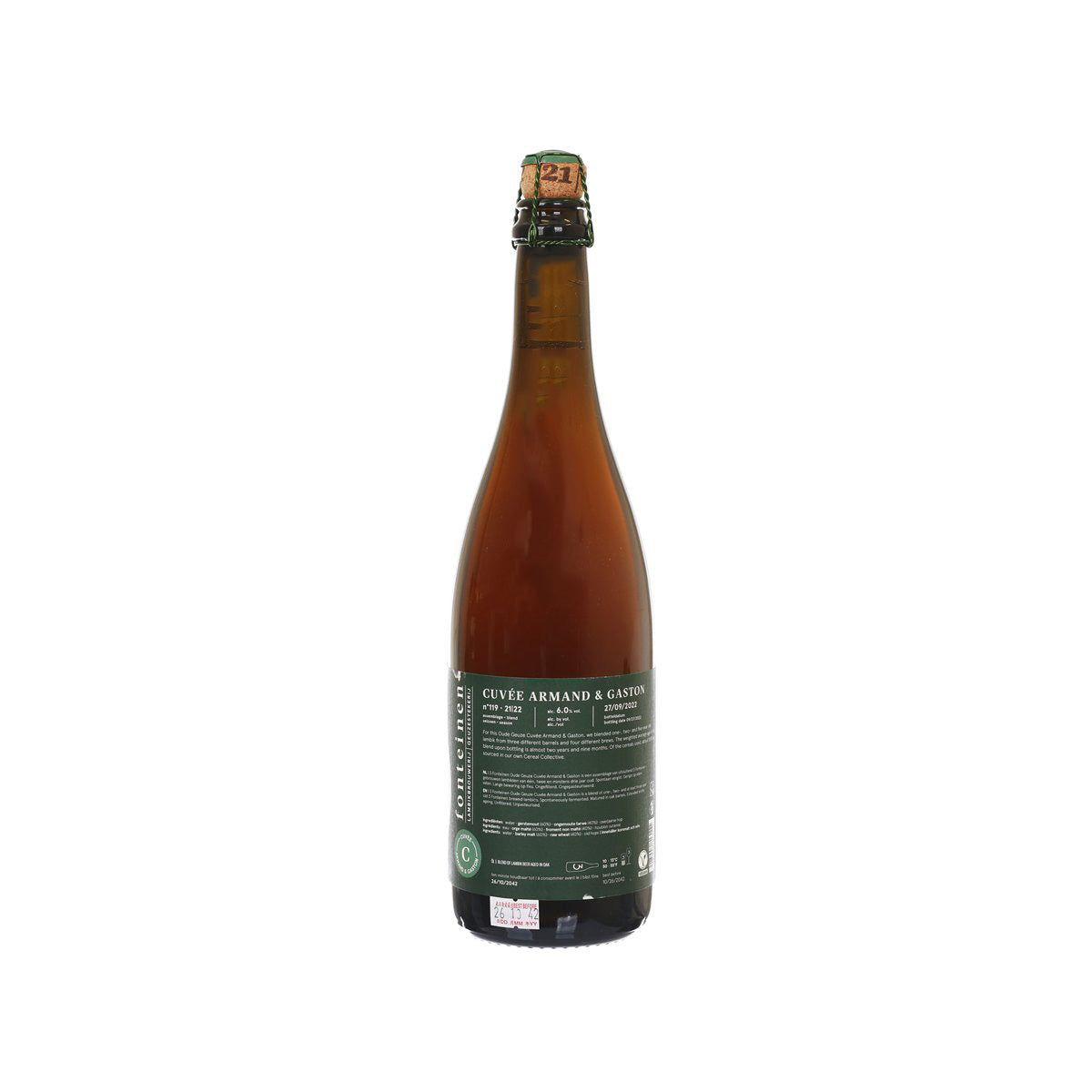 3 FONTEINEN Oude Geuze bottle, amber glass, back label with detailed text.