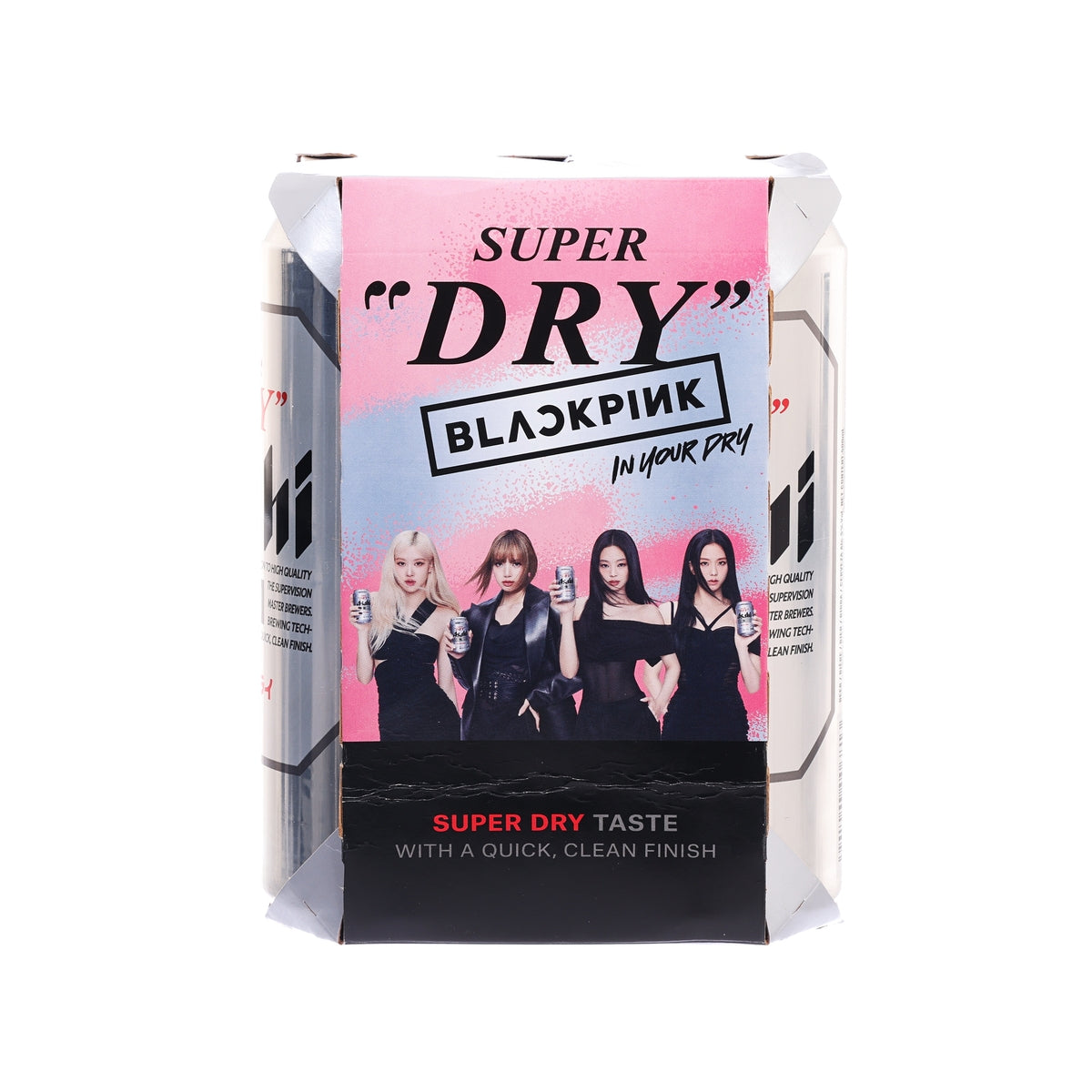 Beer 4-pack carton with 'SUPER DRY' and 'BLACKPINK' artwork