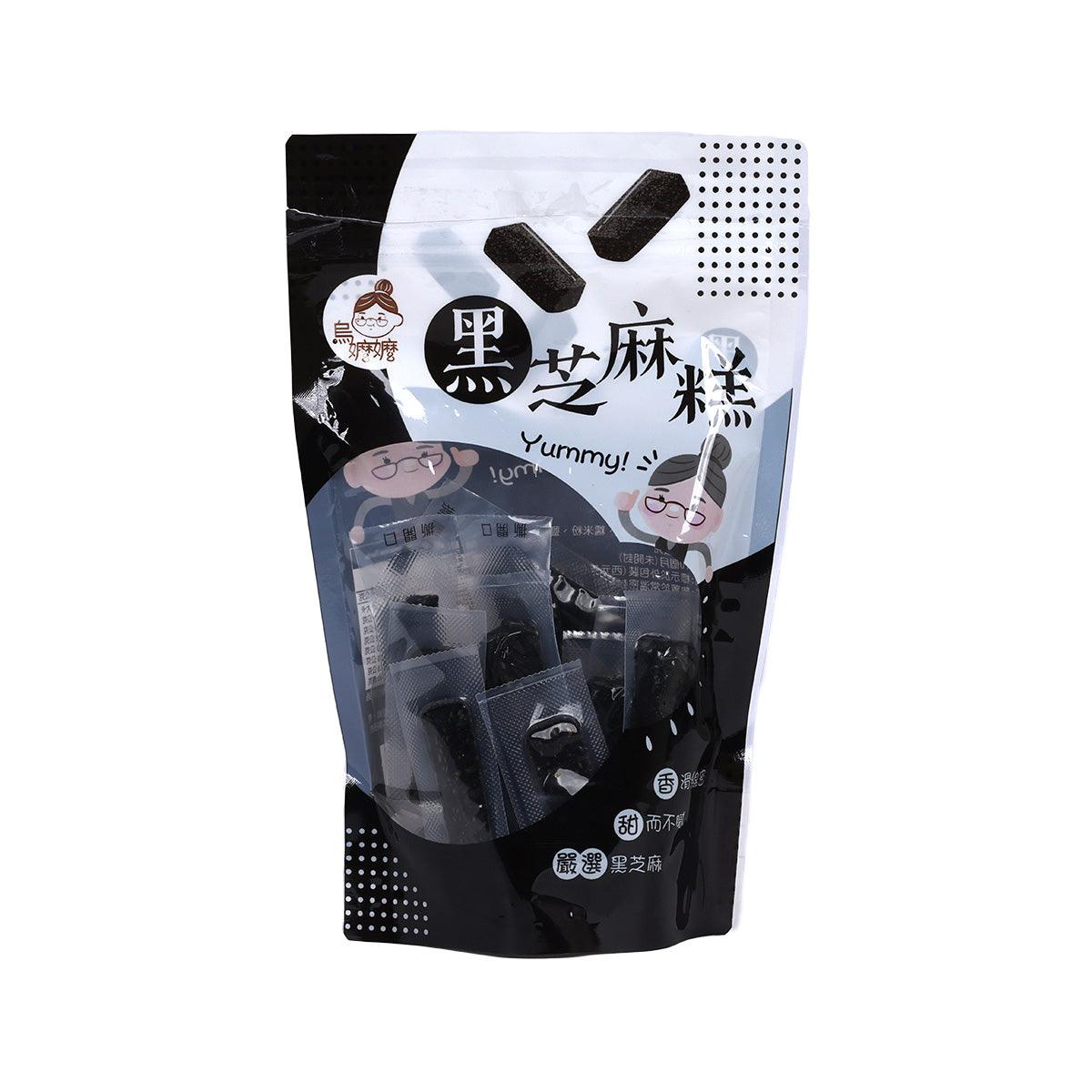 OMAMA black sesame cake pouch with dark cake pieces and sesame-themed graphics