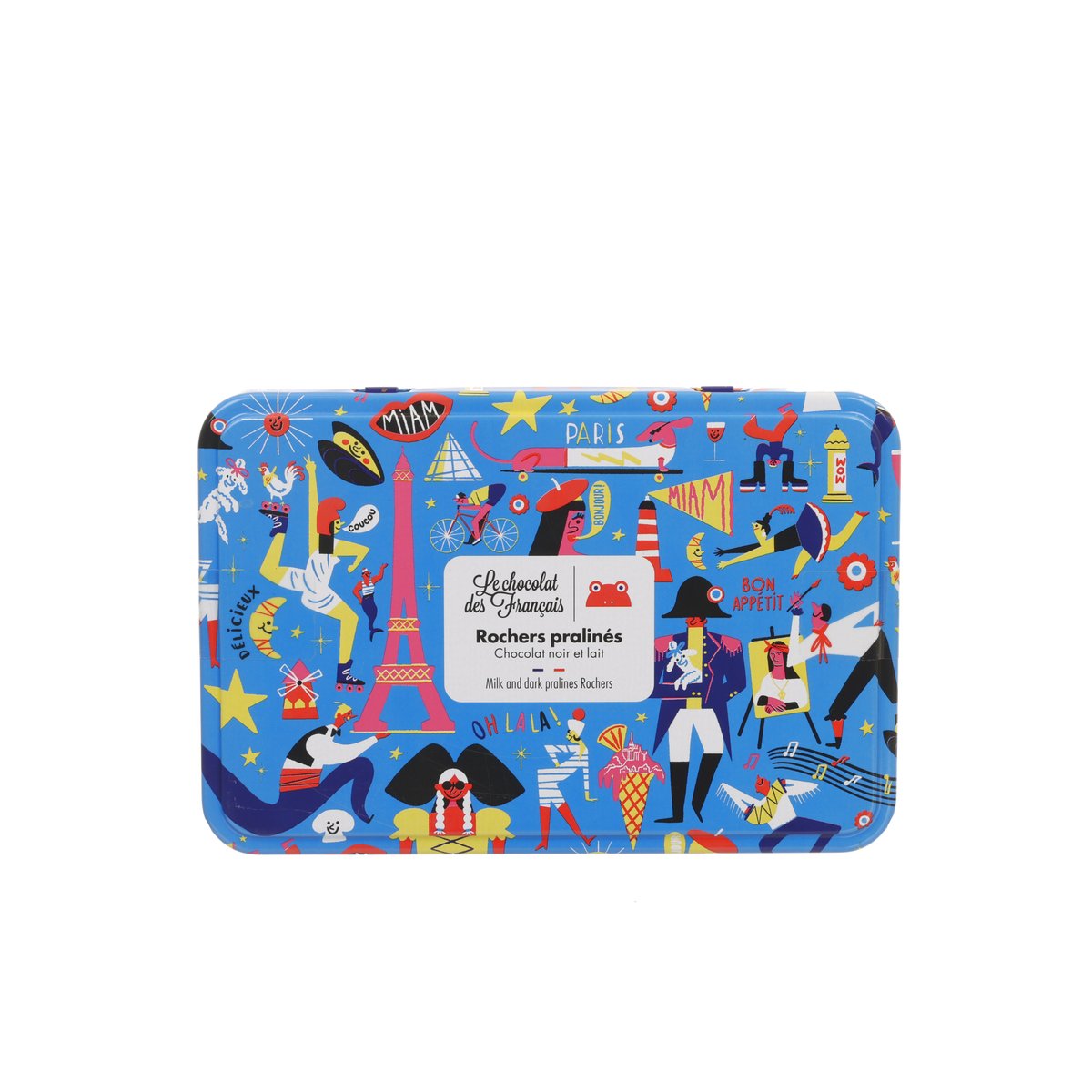 Hazelnut pralines tin with blue Paris-themed design and hinged lid