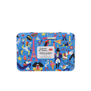Hazelnut pralines tin with blue Paris-themed design and hinged lid