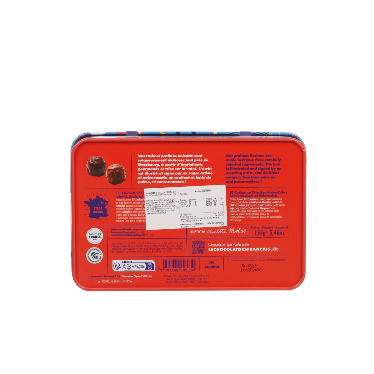 Hazelnut pralines tin back with red label, ingredients and nutrition panel