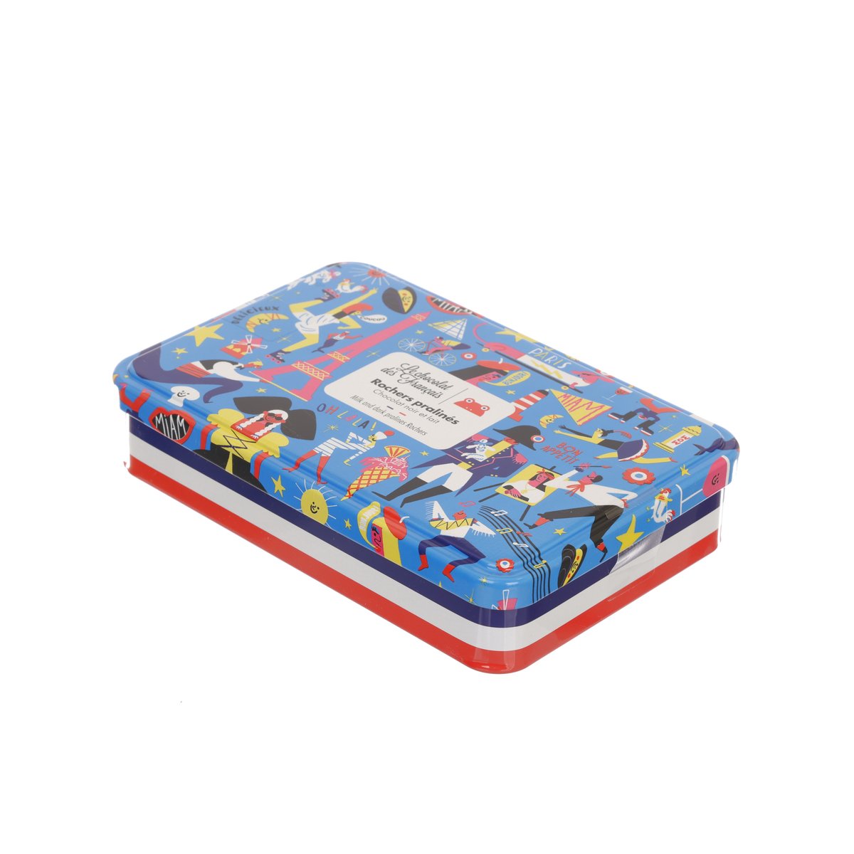 Hazelnut pralines tin with illustrated blue lid and red border