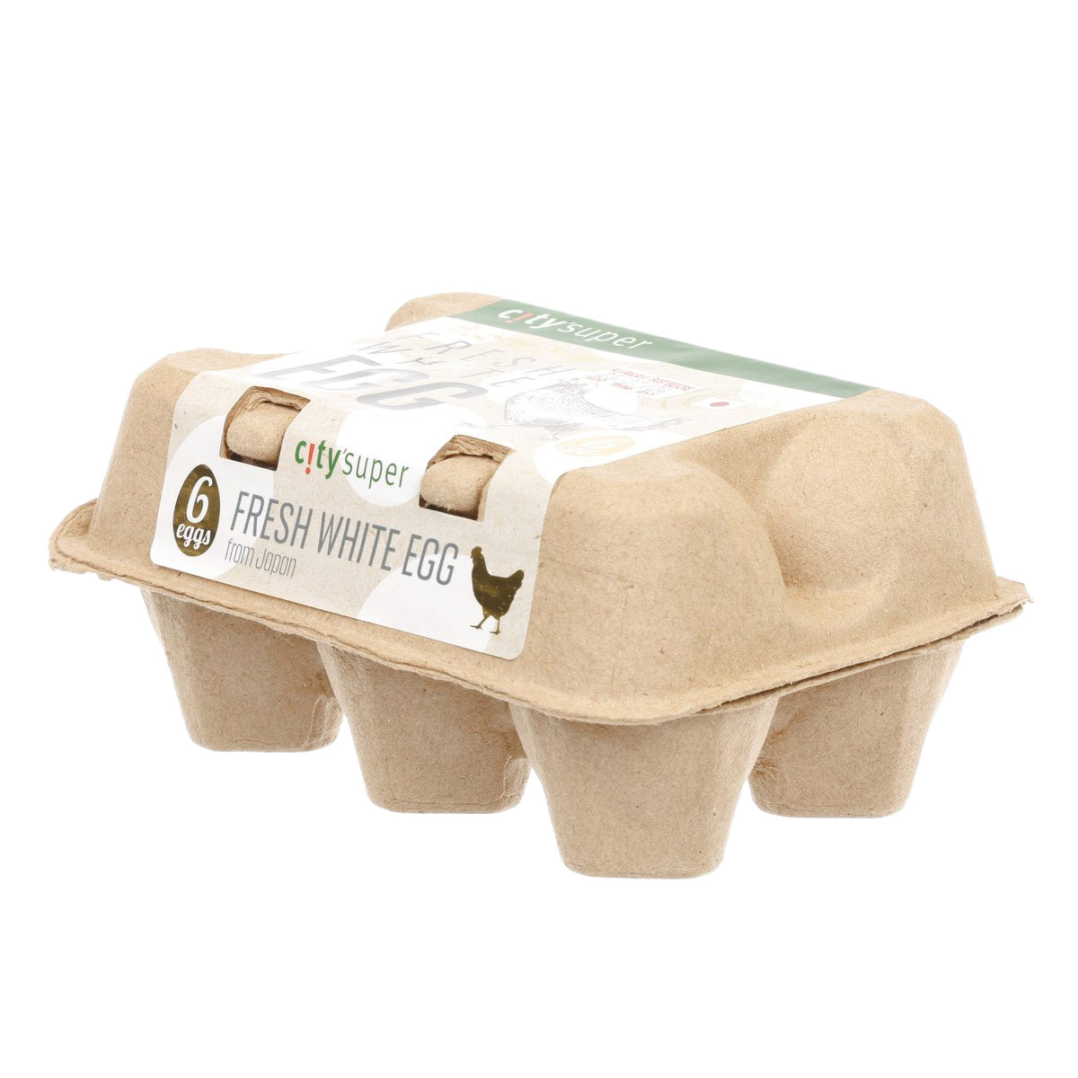 Fresh white egg carton, 6 eggs, beige tray with angled front label