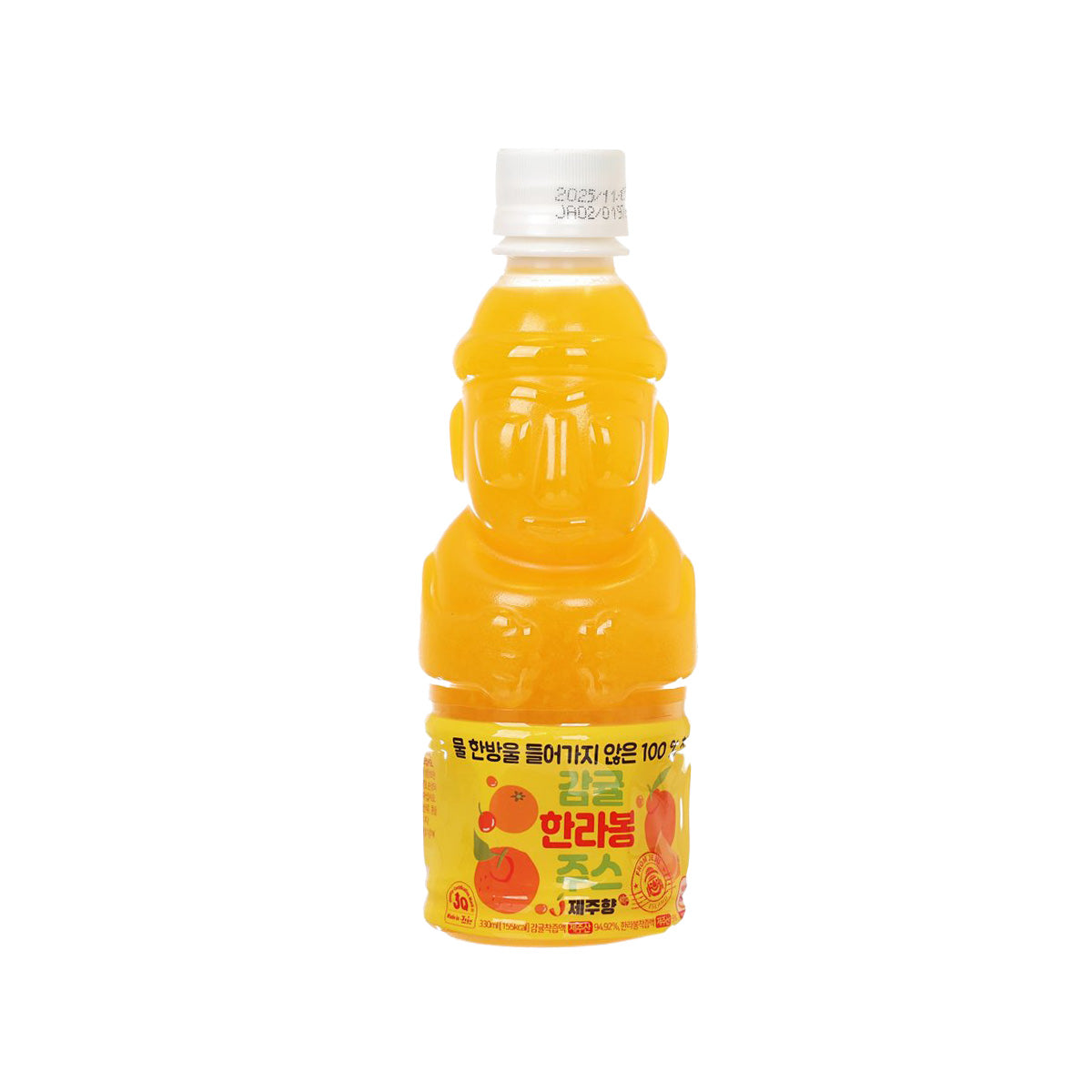 Citrus tangerine juice bottle, 330 mL, yellow liquid with front label