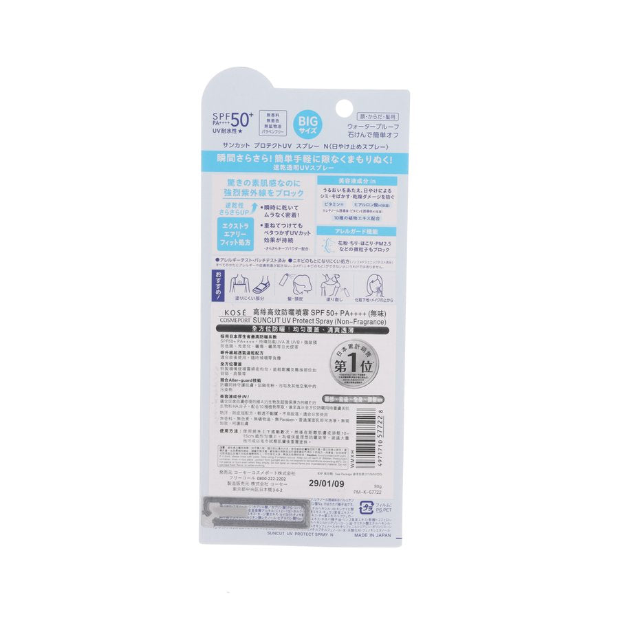 KOSE Suncut UV protect SPF50+ back of blue refill pouch with usage icons